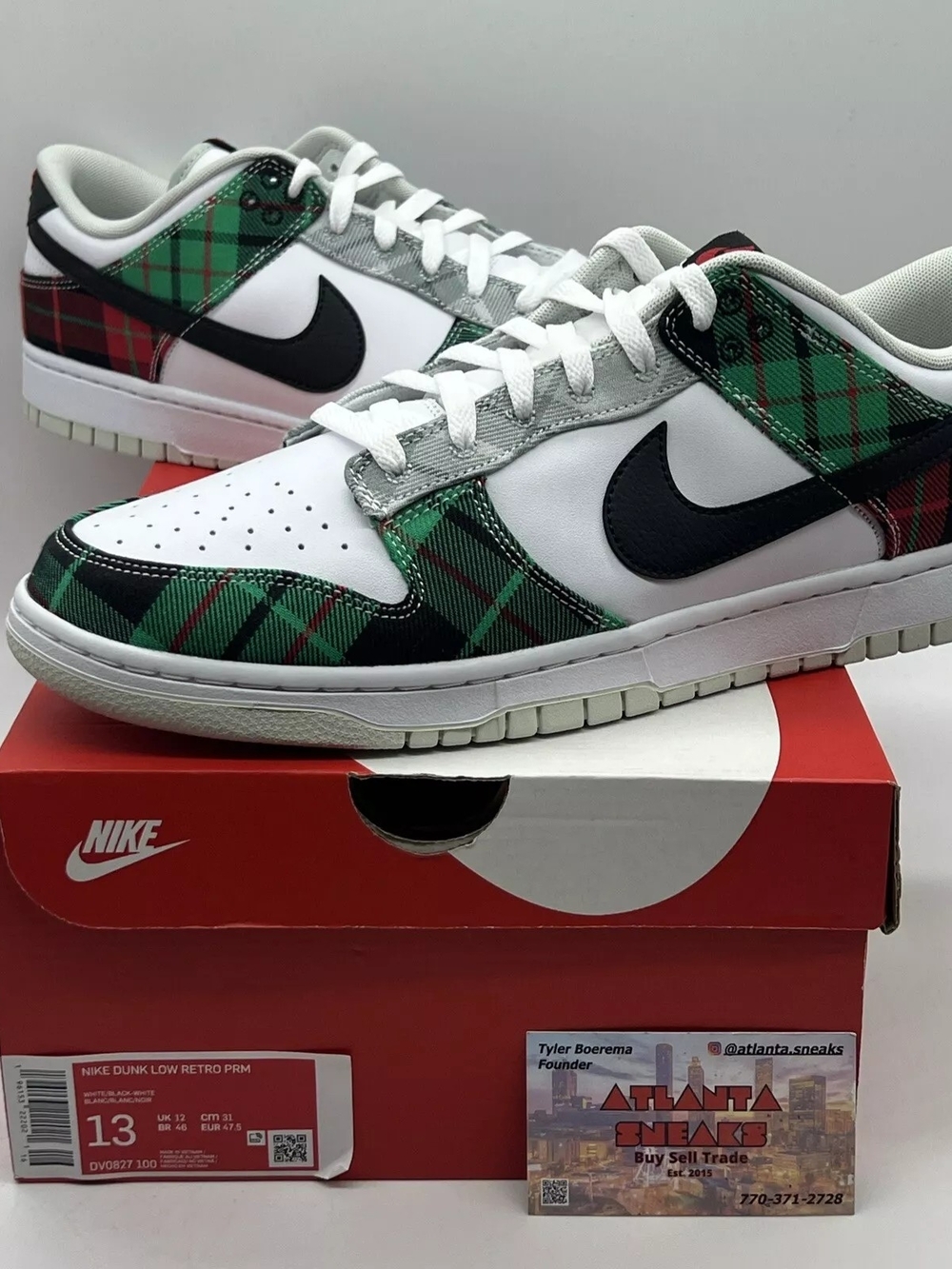 Nike Men’s Dunk Low - White, Green, Black, Red Plaid